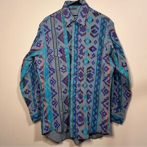 Vintage 90s Wrangler Brushpopper Aztec Western Long Sleeve Button Up Shirt 16-33